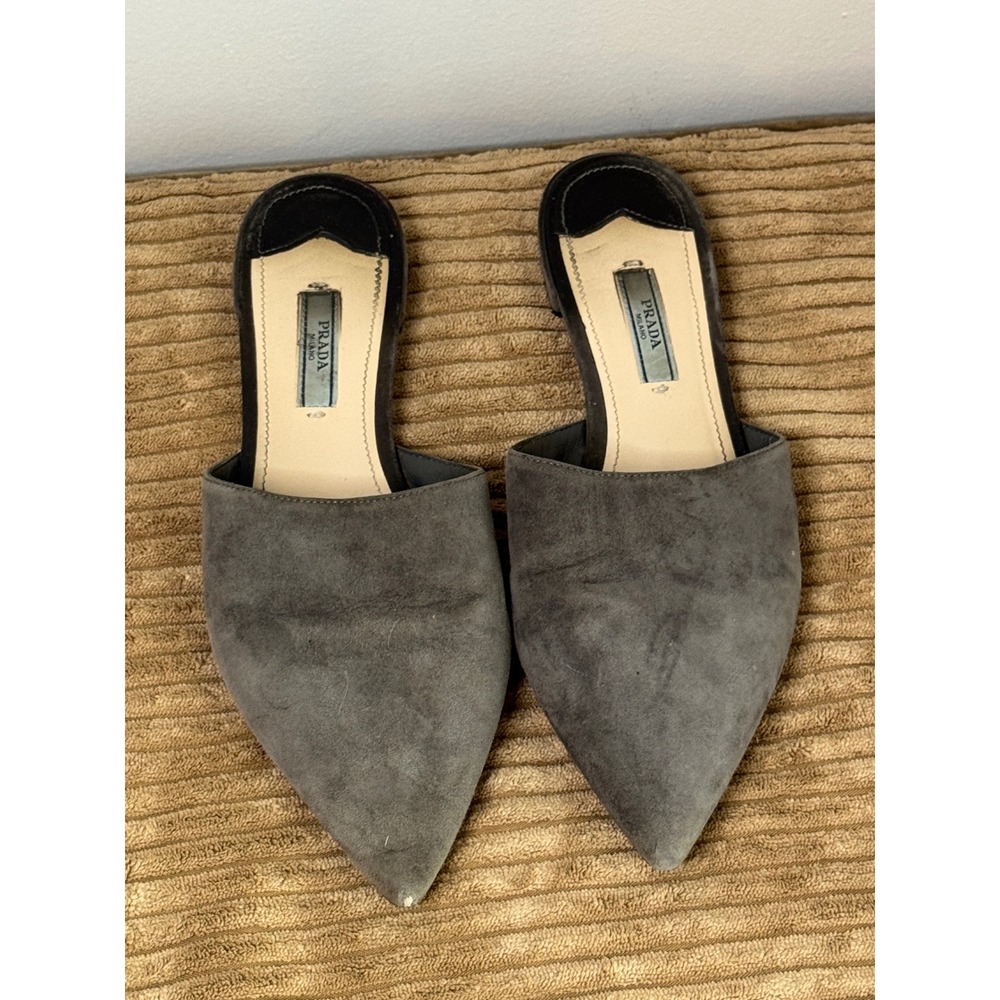 Prada Grey Suede Pointed Toe Mules Flats Made in Italy Size 38